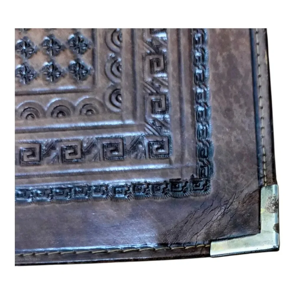 Vintage Mexican Hand Tooled Leather Briefcase Aztec Warrior Eagle Calendar Brown